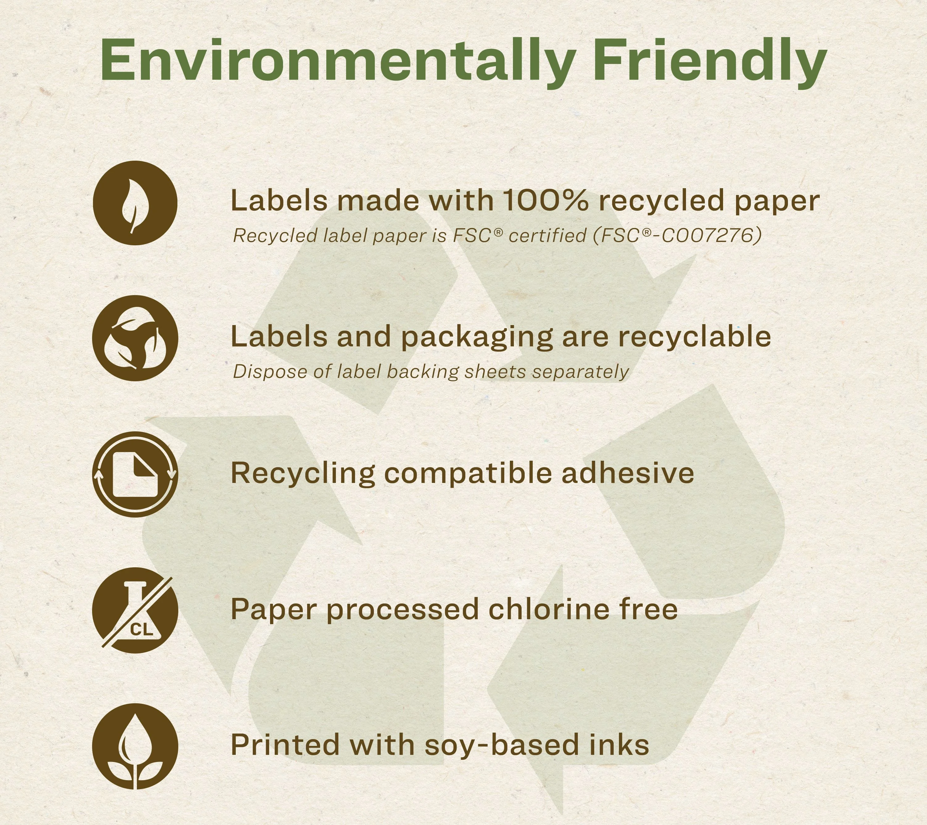eco friendly sustainable label recycled materials FSC certified plant based plastic wash off adhesive green ink