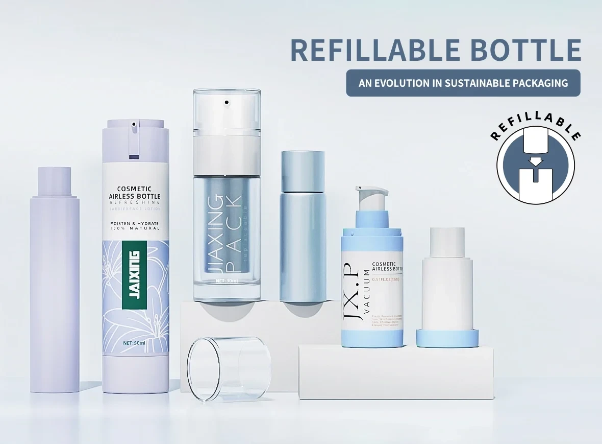 refillable cosmetic products, luxury skincare jars, reusable makeup, sustainable beauty packaging