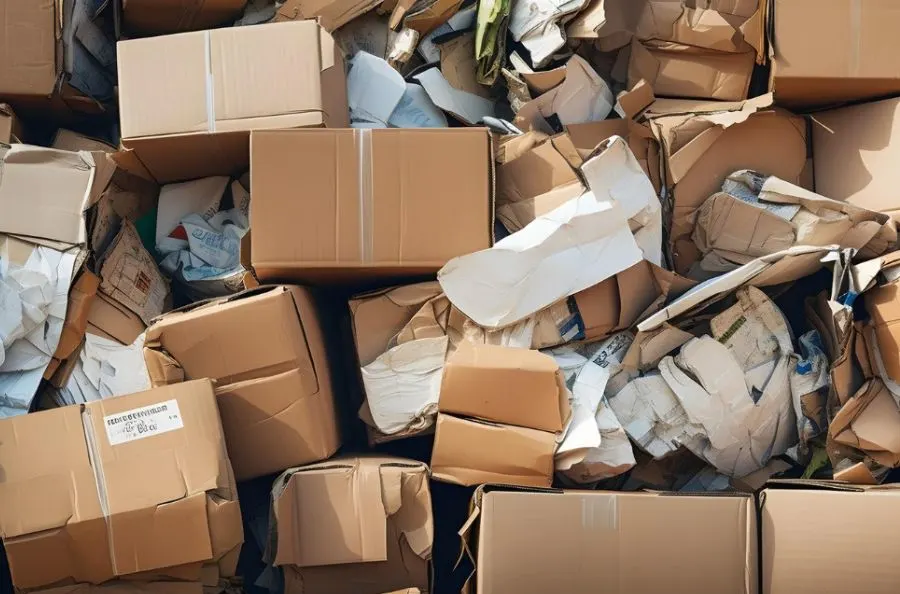 single-use packaging waste overflowing trash bins reflecting lost resources and environmental impact