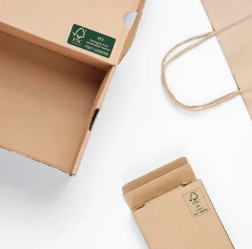 FSC certified packaging on retail shelves, eco-friendly box with sustainability label