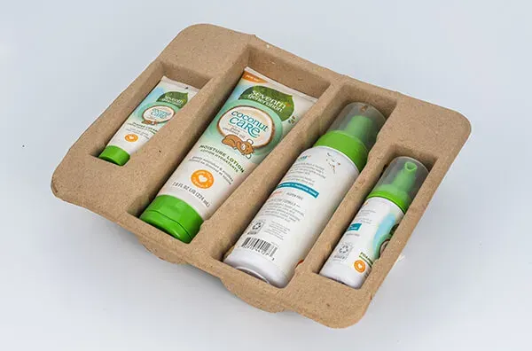 sustainable paper-based rigid box with moulded pulp tray and water-based varnish