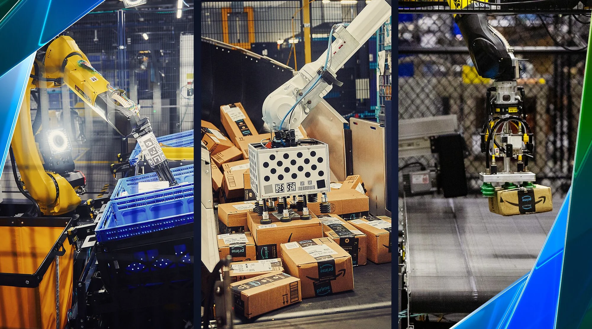AI driven robotic arms packing boxes in high tech warehouse