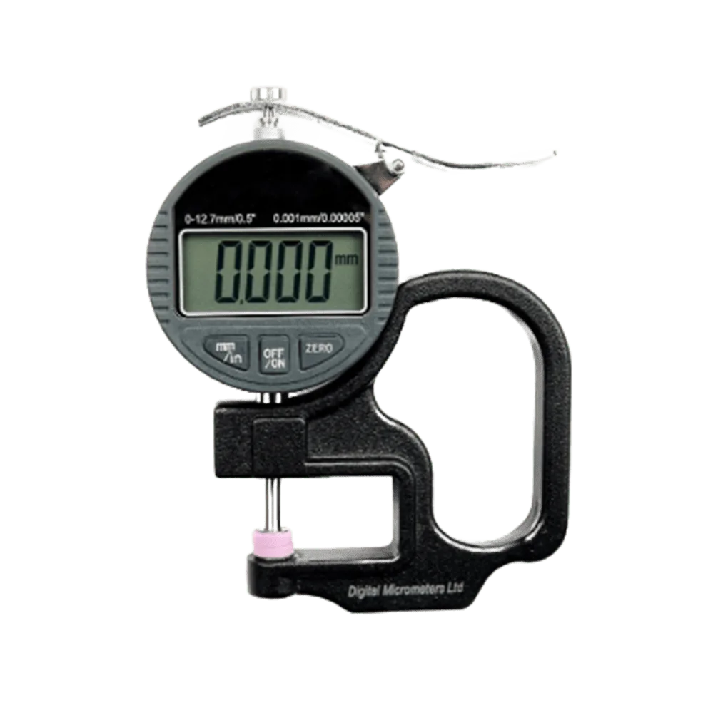 digital micrometer measuring corrugated cardboard thickness with quality control focus