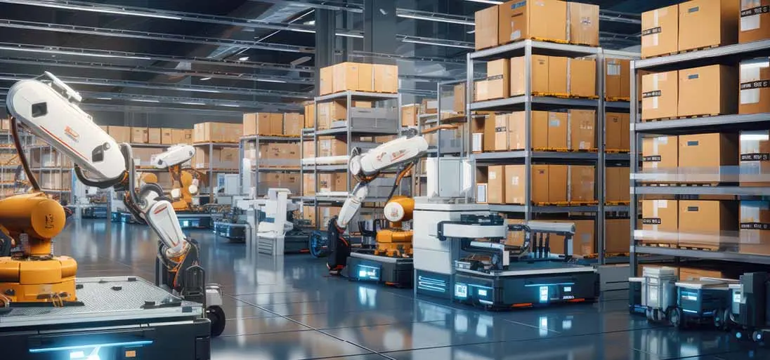 robots automating packaging processes in modern warehouse