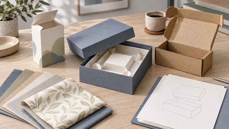 Paper packaging samples, material swatches and specification sheets arranged for a purchasing review.