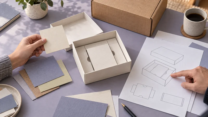 Hands compare an open paper box with material swatches and a matching construction drawing.