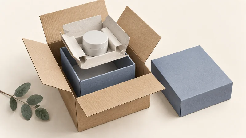 Exploded view of a product, fitted paper insert and retail box within a corrugated shipping carton.