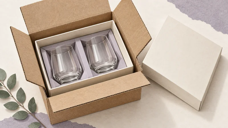 Open delivery carton containing a fitted gift box, with paperboard supports separating two drinking glasses.