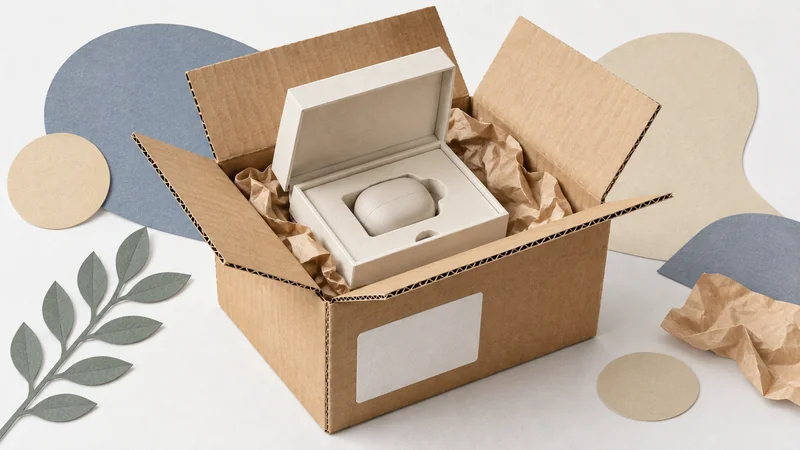An open corrugated parcel contains paper cushioning and a presentation box with a fitted insert around a small product.