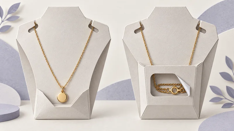 Front and rear views of a necklace support showing positioning slots and a pocket for spare chain.