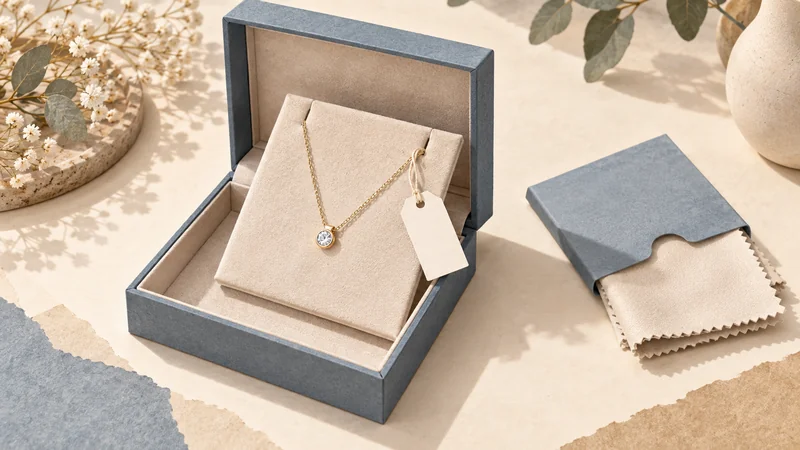 Open jewellery box with a removable necklace pad and attached swing tag, beside a polishing cloth partly withdrawn from a paper sleeve.