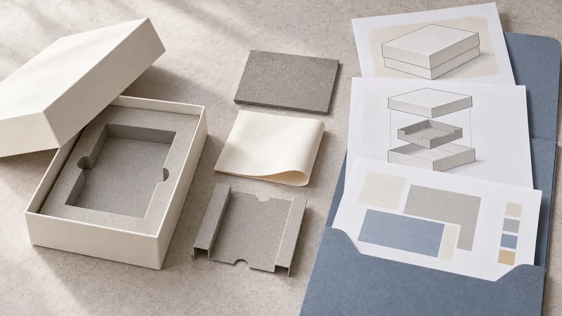 Rigid paper box, component samples and matching technical drawings arranged beside a document folder.