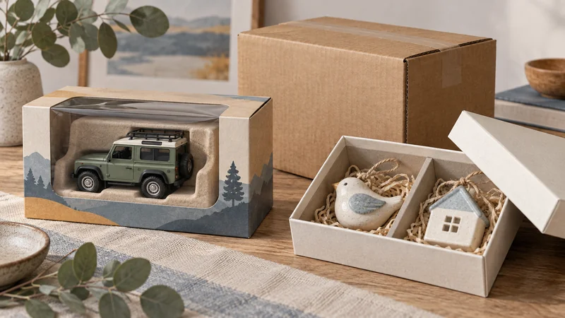 A windowed toy carton and an open gift box with fitted compartments, with a corrugated delivery carton behind them.