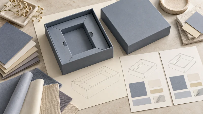 Open rigid paper box with a fitted insert, material swatches and matching specification drawings.