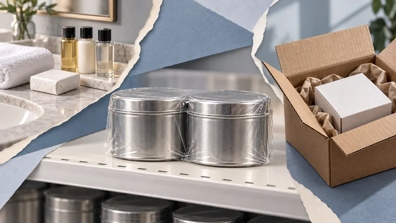 Editorial collage of a shrink-wrapped retail multipack, hotel miniature toiletries and wrapped soap, and a retail carton inside a shipping box.