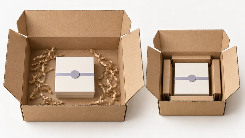 Identical retail boxes inside an oversized mailer with loose fill and a closer-fitting mailer with folded supports.