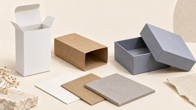 White folding carton, kraft sleeve and wrapped rigid gift box arranged with paperboard swatches.