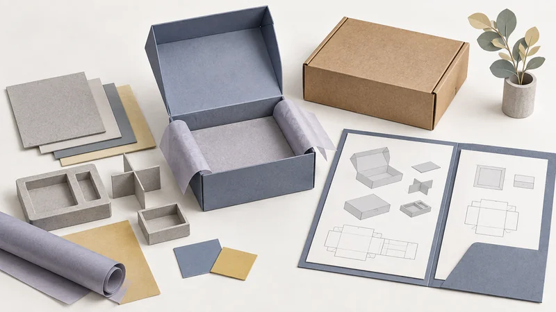 Paper collage of an open rigid box, kraft mailer, material samples and a folder containing packaging drawings.