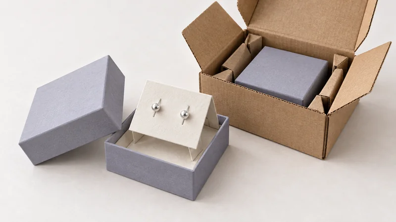 Open jewellery box with a raised paperboard earring support, its lid and a kraft delivery carton.