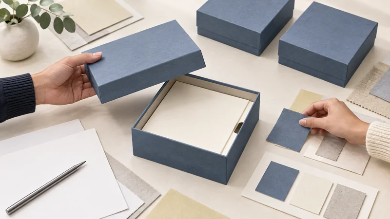 Hands review an open rigid box beside material swatches, blank specification sheets and matching assembled boxes.