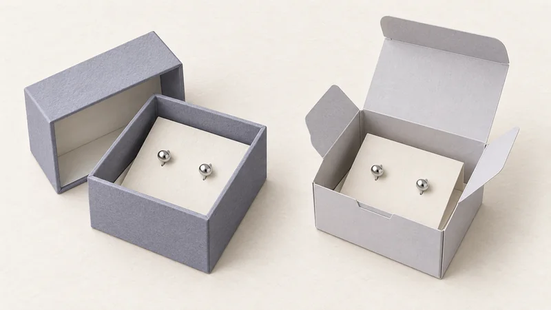 Packed rigid box and folding carton shown side by side with matching earring supports.