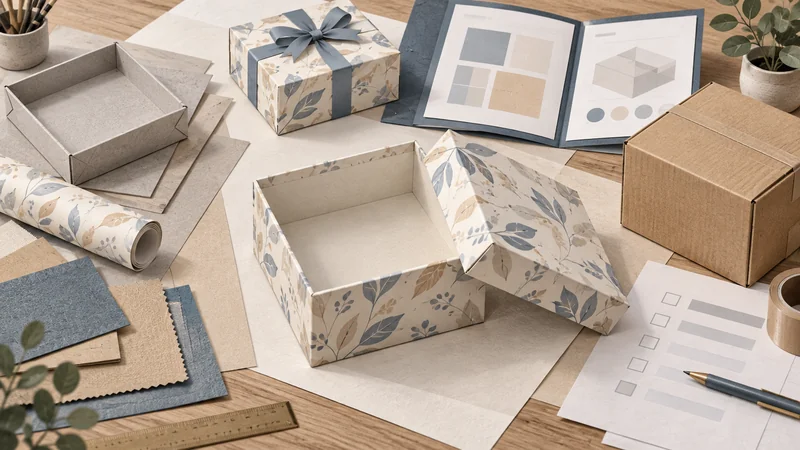 A rigid gift box connects material samples, a document folder and a shipping carton across an illustrated worktable.