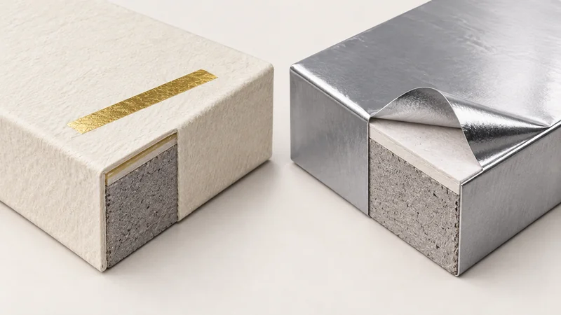 Two lid samples expose the layers beneath a small foil accent and a continuous metallised plastic laminate.