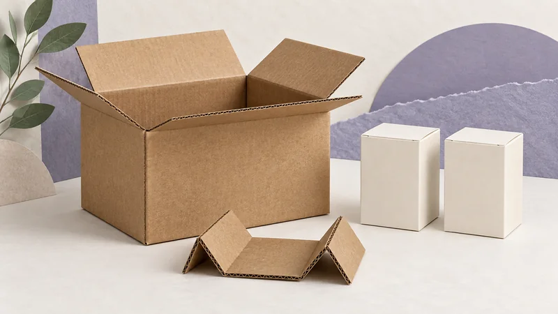Open corrugated shipping carton beside two plain retail cartons and a folded paper support.