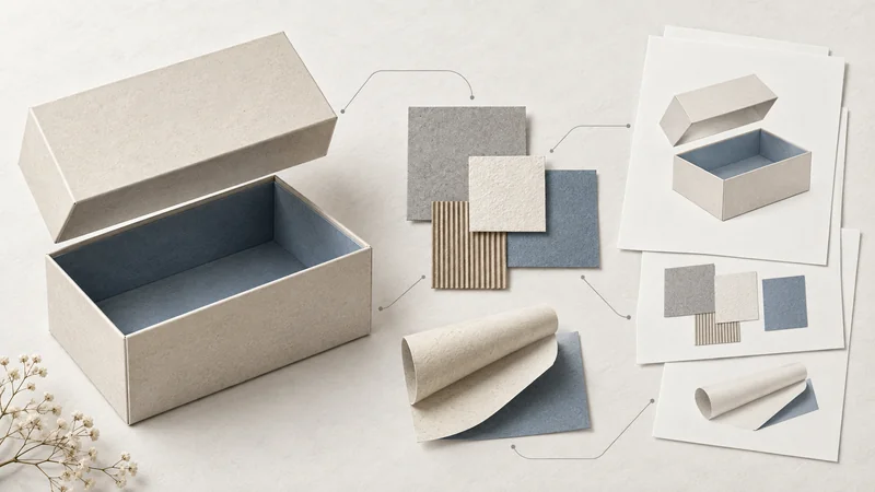 Editorial collage linking a paper box and material swatches to document sheets showing the same packaging and components.