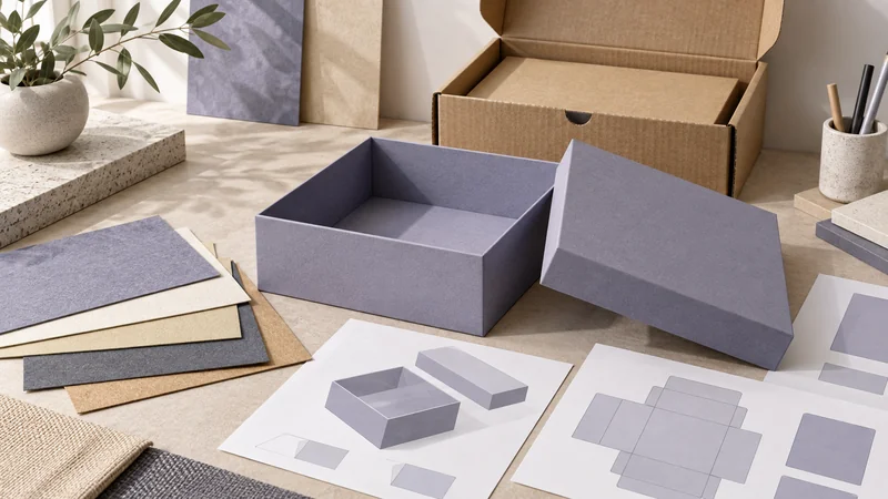 Rigid paper gift box, material swatches and matching geometric packaging drawings, with a corrugated mailer behind.