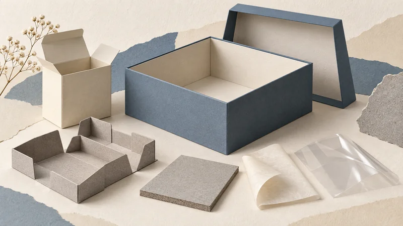 Editorial collage of an open rigid gift box, folding carton, paperboard insert and contrasting material samples.