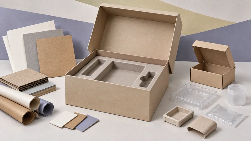Editorial collage of a rigid paper box, specification sheets, material samples and separated packaging components across staggered paper bands.