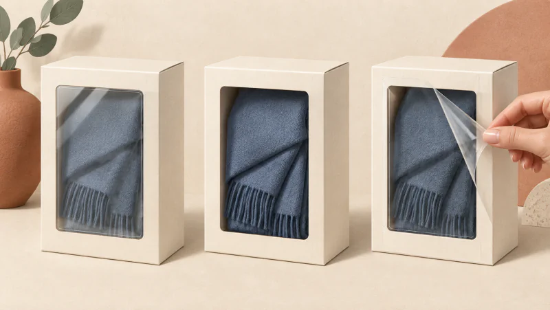 Matching cartons with a covered window, an open aperture and a transparent window sheet being peeled away.