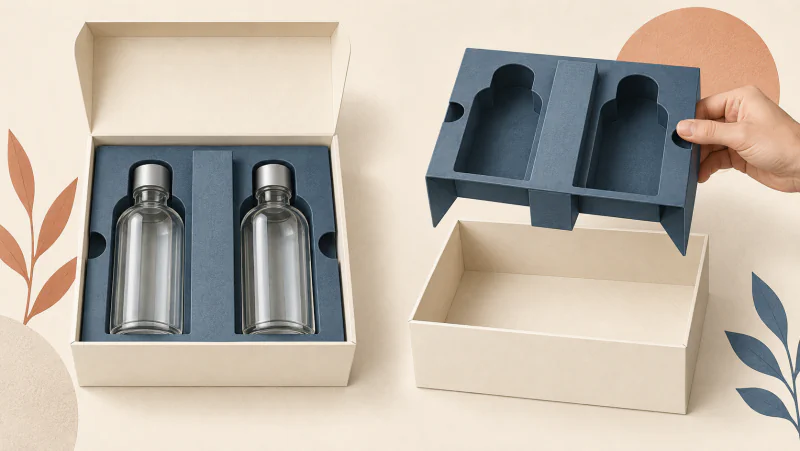 A folded-board insert separates two bottles; beside it, the empty insert is lifted out of the box.