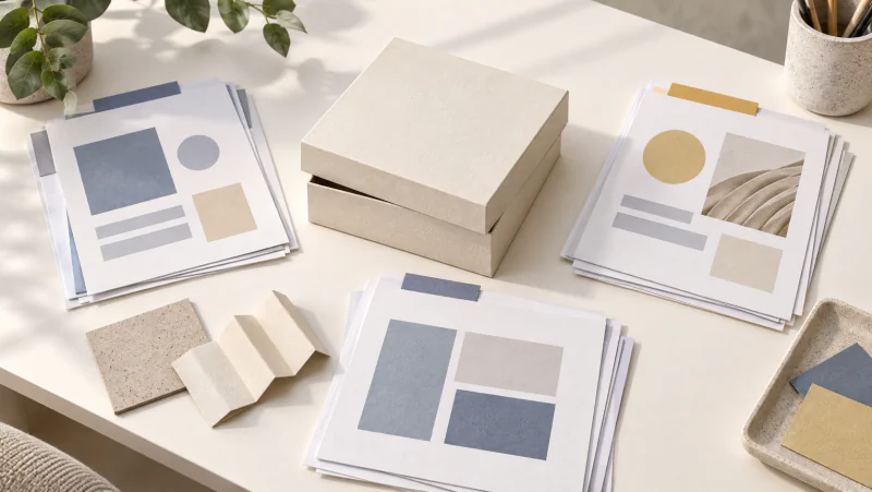 A rigid gift box surrounded by three groups of documents and paper material samples.