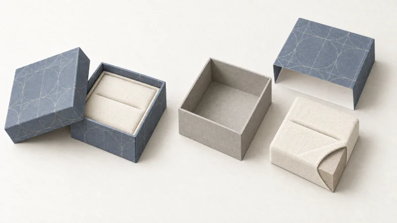 An open jewellery gift box beside its separate paperboard shell, patterned paper wrap and fabric-covered insert.