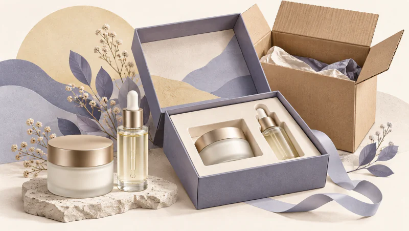 Skincare containers beside a fitted paper gift box and an outer corrugated delivery box.