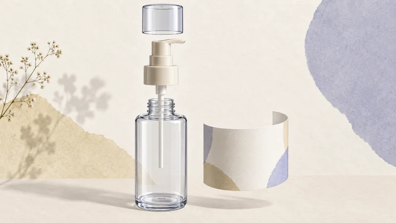 Exploded cosmetic bottle showing the body, pump with dip tube, protective cap and separate label.