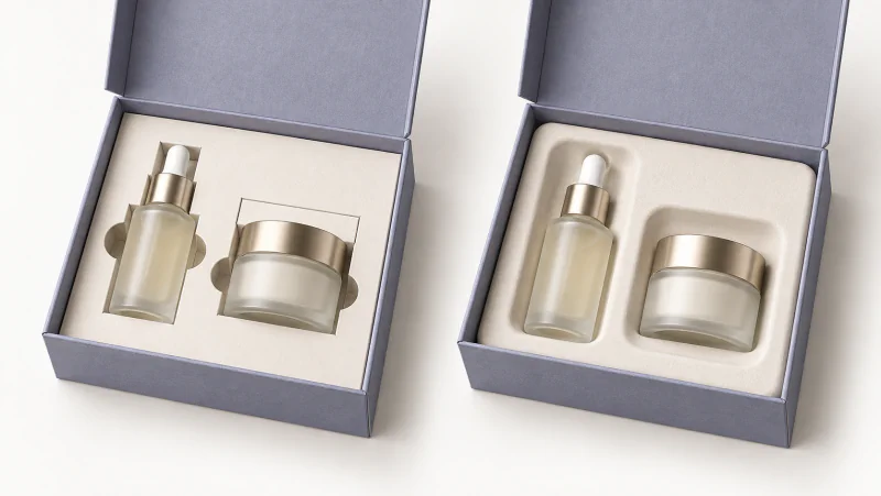 Two gift-box concepts hold the same serum bottle and cream jar in folded paperboard and formed fibre inserts.