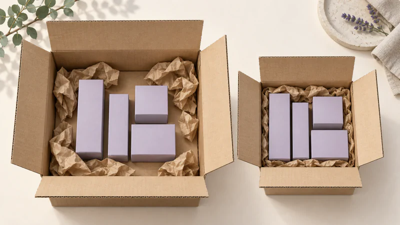 Identical skincare cartons in a roomy parcel with loose paper filler and a closer-fitting parcel with edge cushioning.