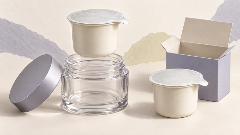 A durable cosmetic jar with an aligned sealed refill cup, alongside another refill cup and its small carton.
