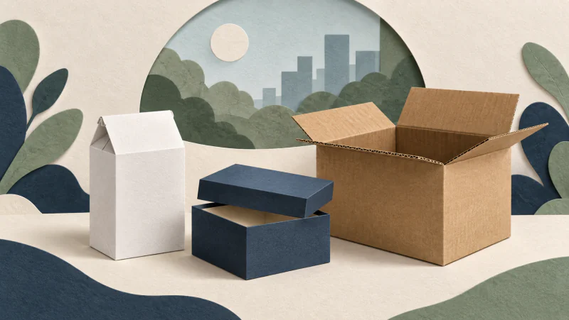 Paper retail carton, rigid presentation box and corrugated delivery box arranged within a circular paper frame.