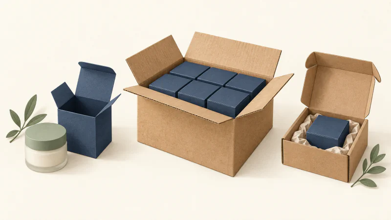A skincare jar and retail carton, several cartons grouped in a shipping box, and one carton packed for home delivery.
