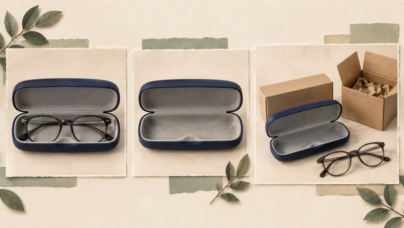 Three views of an eyeglass case: holding glasses, empty, and beside the glasses and outer delivery packaging.