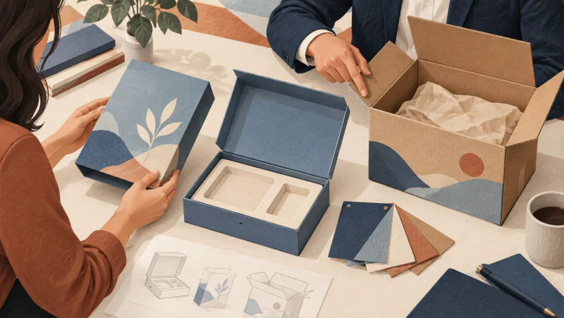 Brand representative and packaging coordinator reviewing a presentation box, sleeve and delivery carton together.