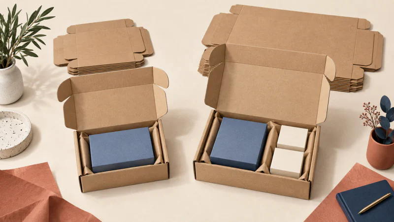 A small mailer holding one presentation box beside a larger mailer holding a mixed order, with matching flat blanks behind each.