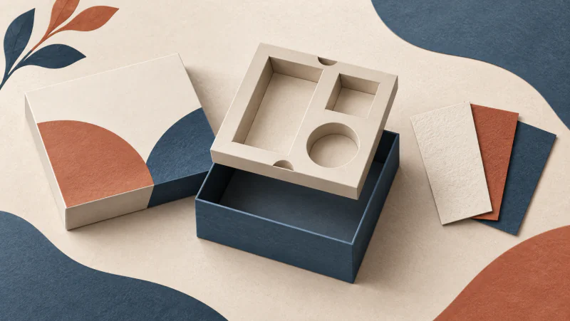 Paper presentation box with its lid, lifted folded-board insert and finish samples arranged around it.