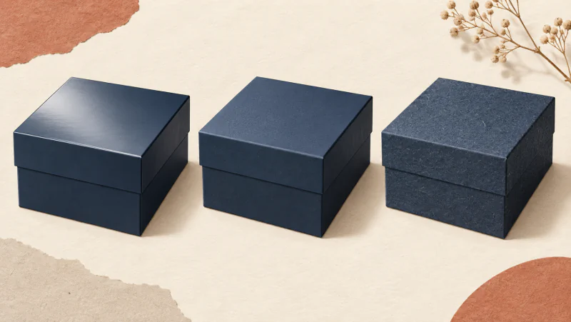 Three dark box corners under the same light, showing smooth, fine matte and fibrous paper surfaces.