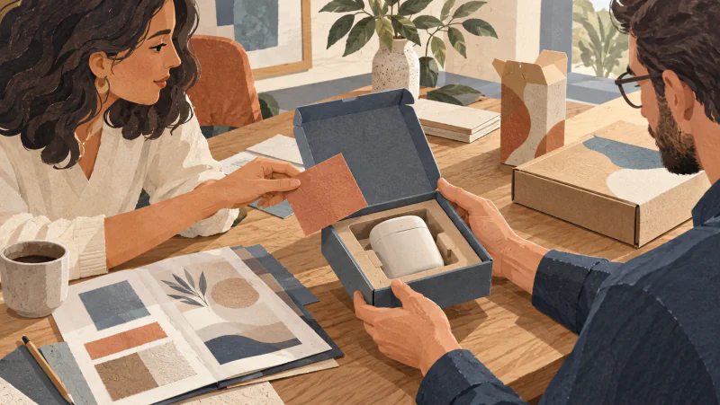 Brand buyer and packaging contact reviewing a presentation box, material swatches and supporting information.