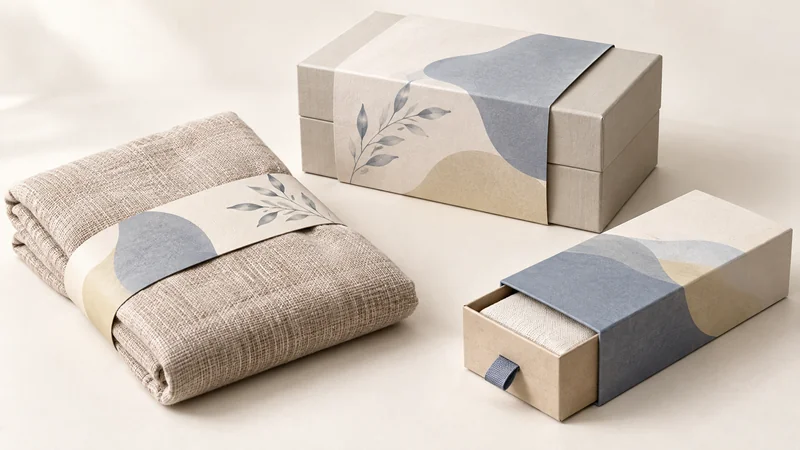 Paper belly band around folded fabric, a sleeve over a closed box, and a slightly opened drawer box.
